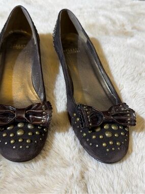 Stuart Weitzman Dark Brown Studded Bow Flats
